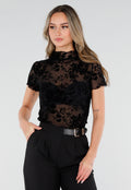 Zwarte Mesh Top met Bloempatroon en Stretch