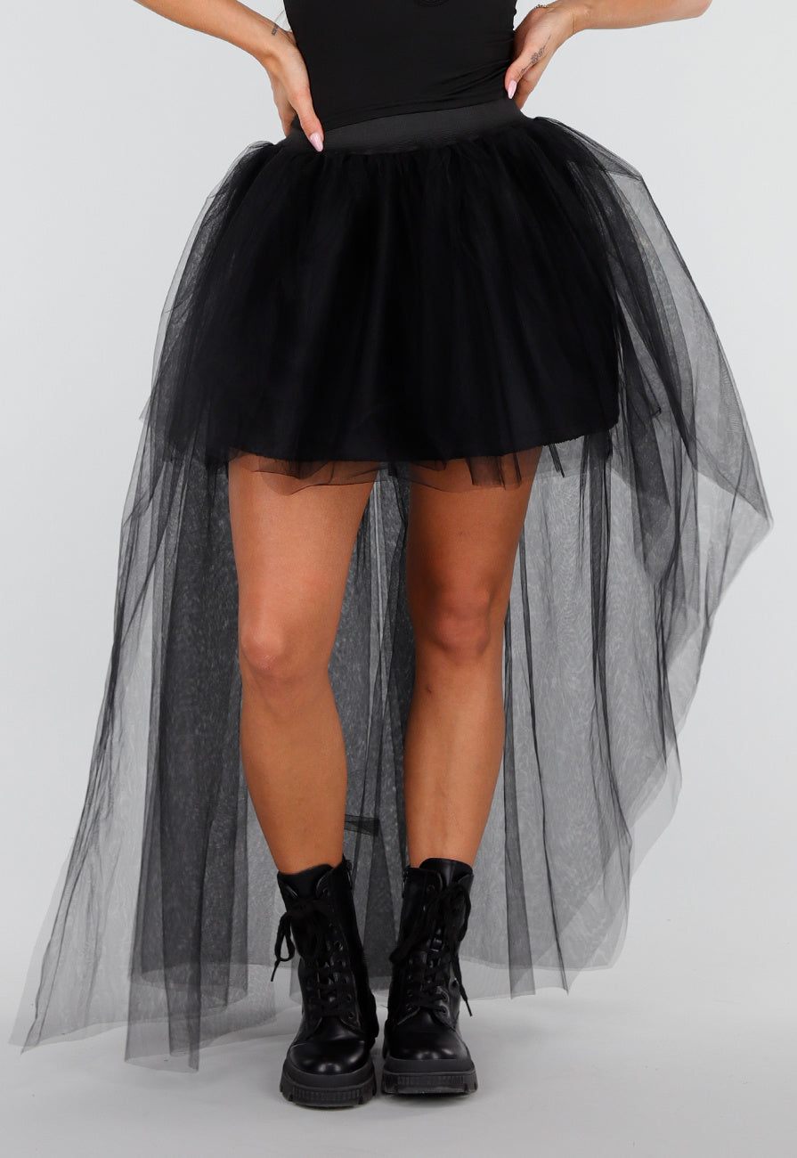 Zwarte Mesh High Low Rok met Tule Lagen