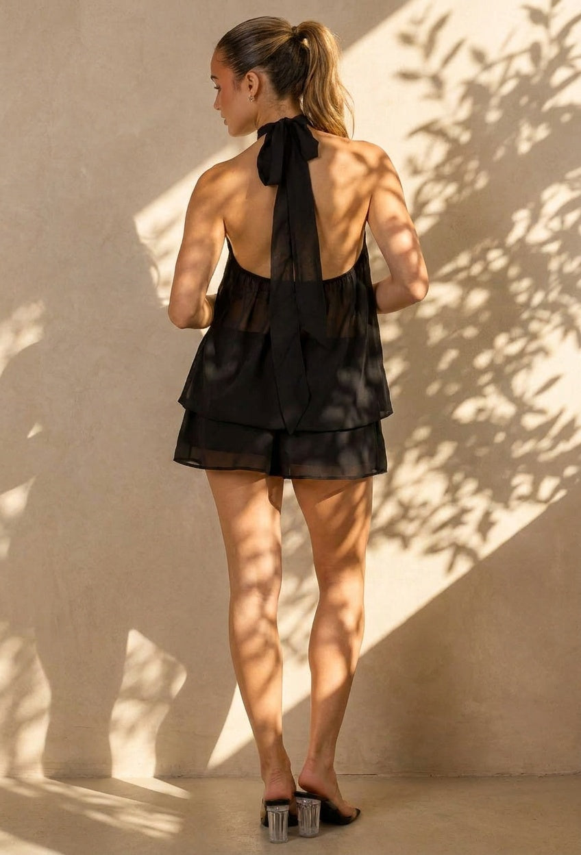 Zwarte Halter Mini Jurk met Open Rug en Chiffon Laag