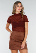 Bordeaux Gehaakte Stretch Top met Col en Korte Mouwen