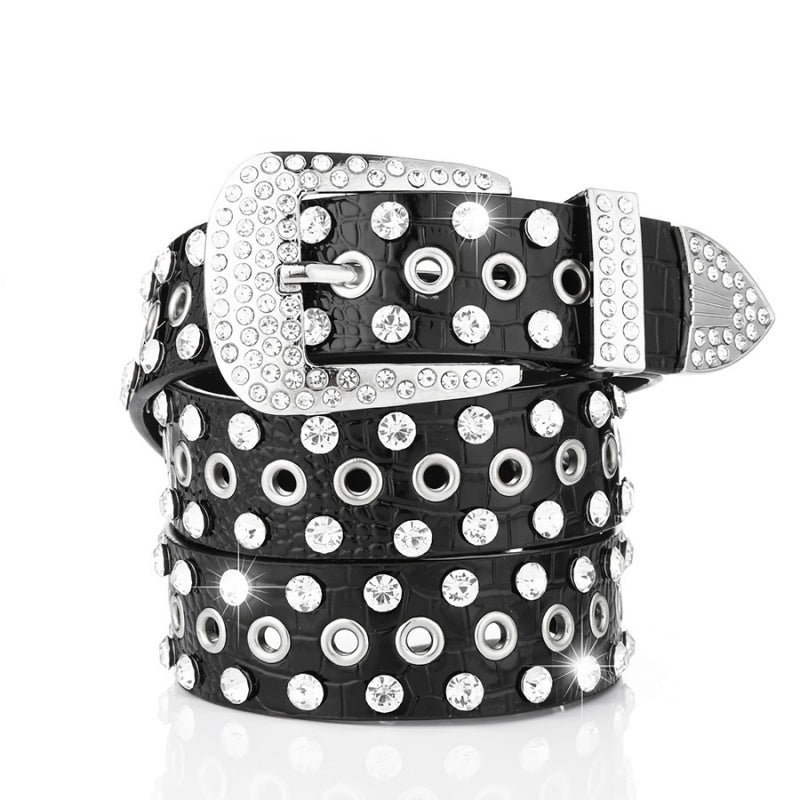 Grove Zwarte Lederlook Riem met Strass