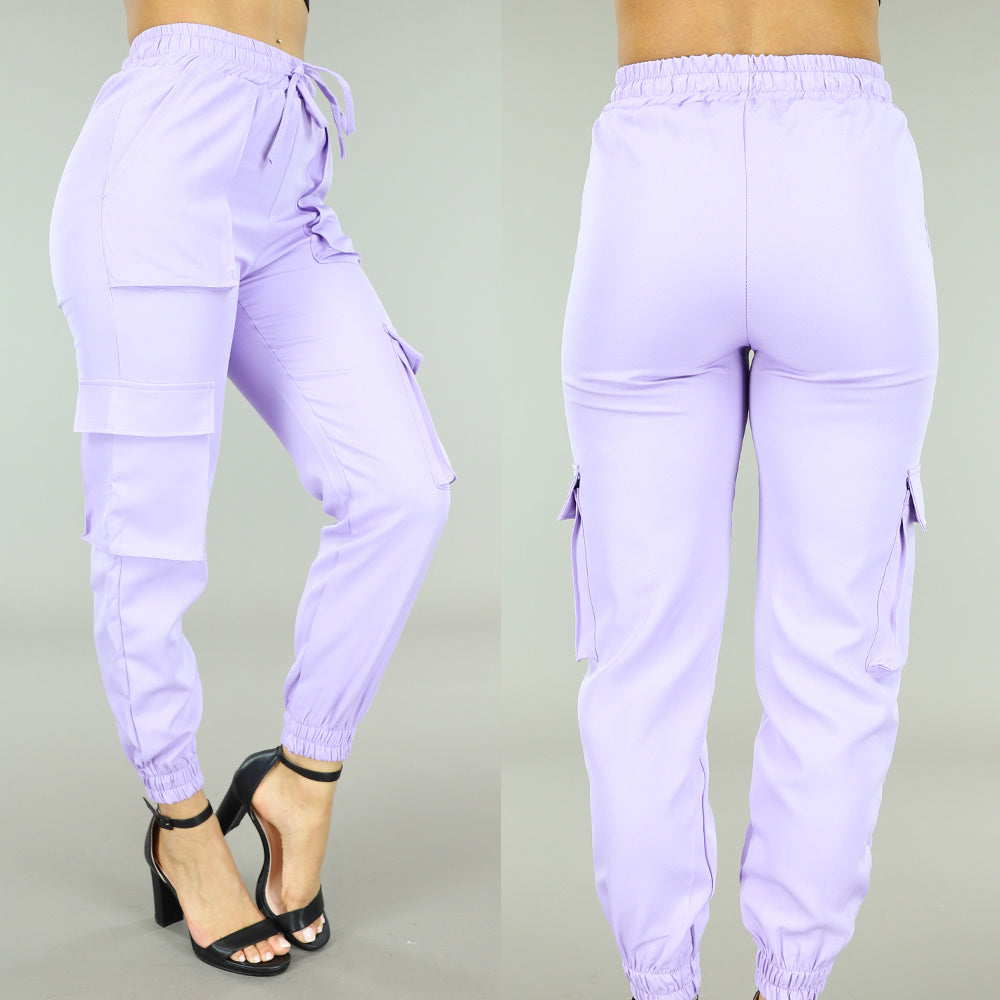 Lila Elastische Broek met Cargo Zakken