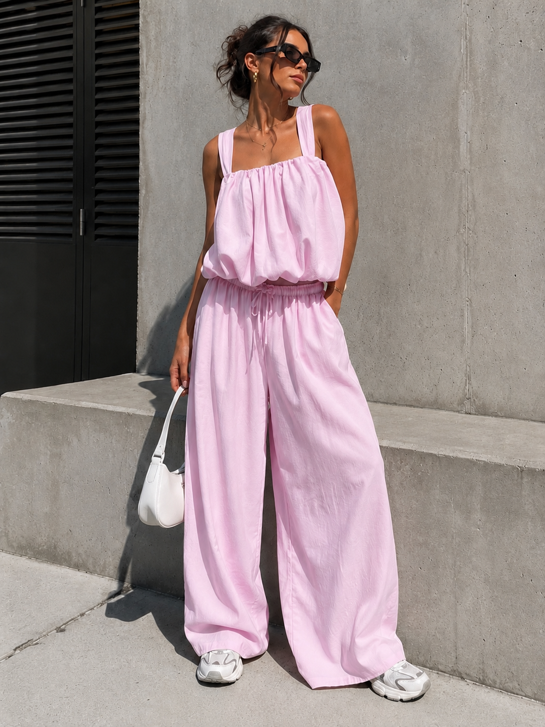 NEW150726 Lichtroze Stretch Two Piece Set met Mouwloze Top en Wide Leg Broek