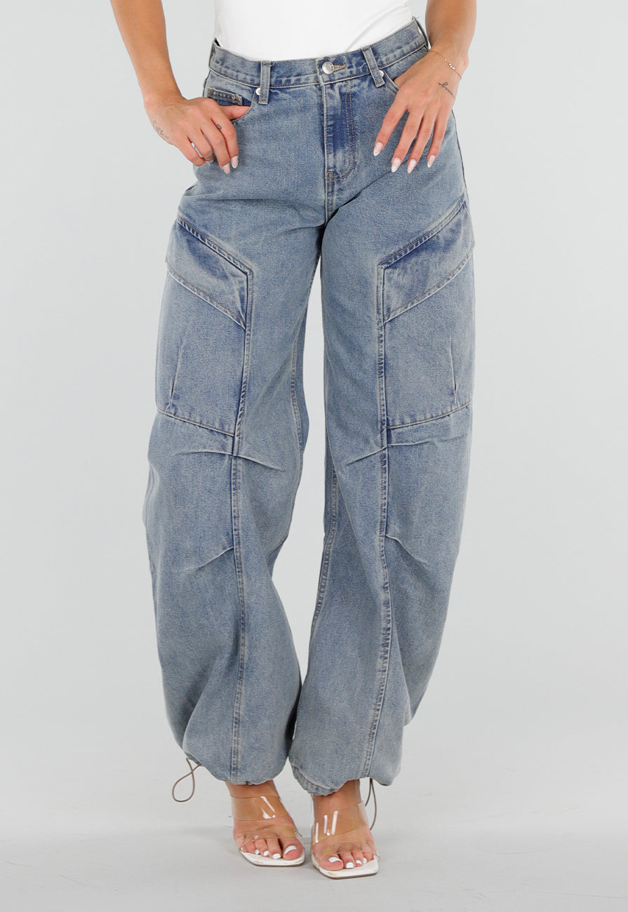 Lichtblauwe Balloon Jeans met Trekkoord en Hoge Taille