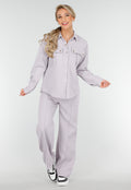 Grijze Set met Blouse en Straight Leg Broek met Gouden Knopen