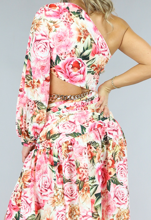 Bloemenprint Maxi Jurk met One Shoulder en Cut Outs