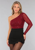 Burgundy One Shoulder Glitter Top