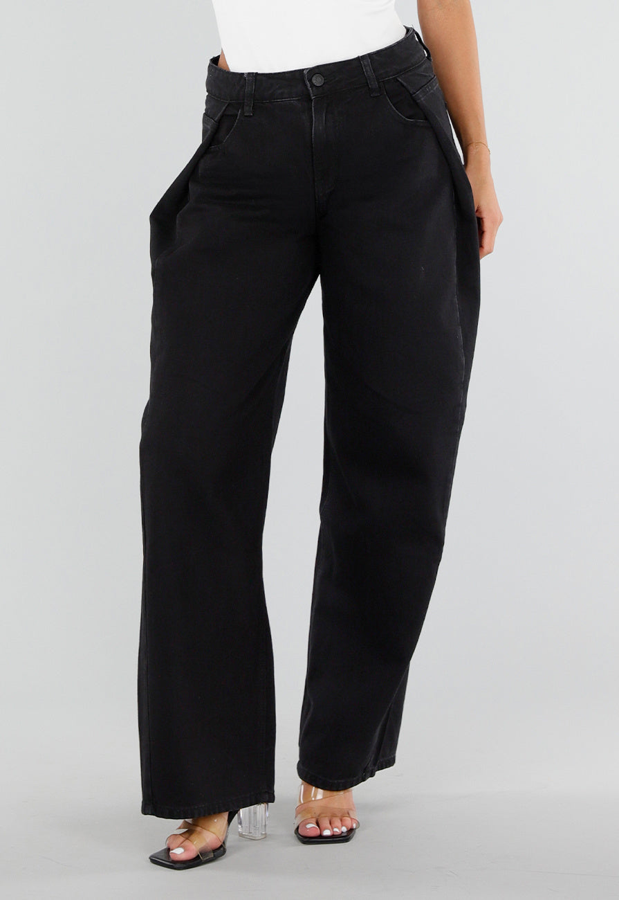 NEW290726 Zwarte Barrel Jeans met Hoge Taille en Plooien