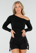 Zwarte One-Shoulder Top met Lange Mouwen
