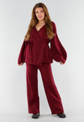 Bordeaux Gebreide Set met Overslag Top en Wijde Broek
