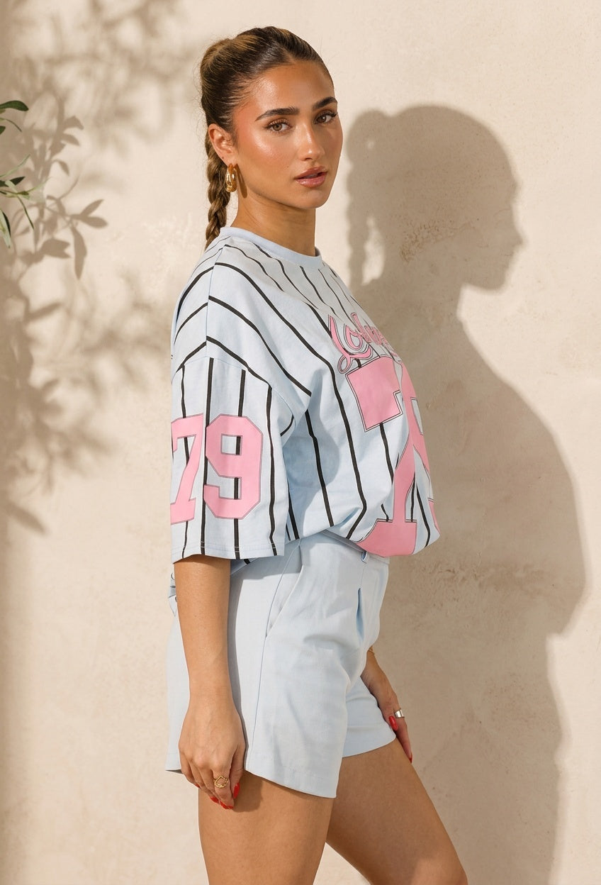 Oversized Lichtblauw Jersey Shirt met Roze Print en Strepen