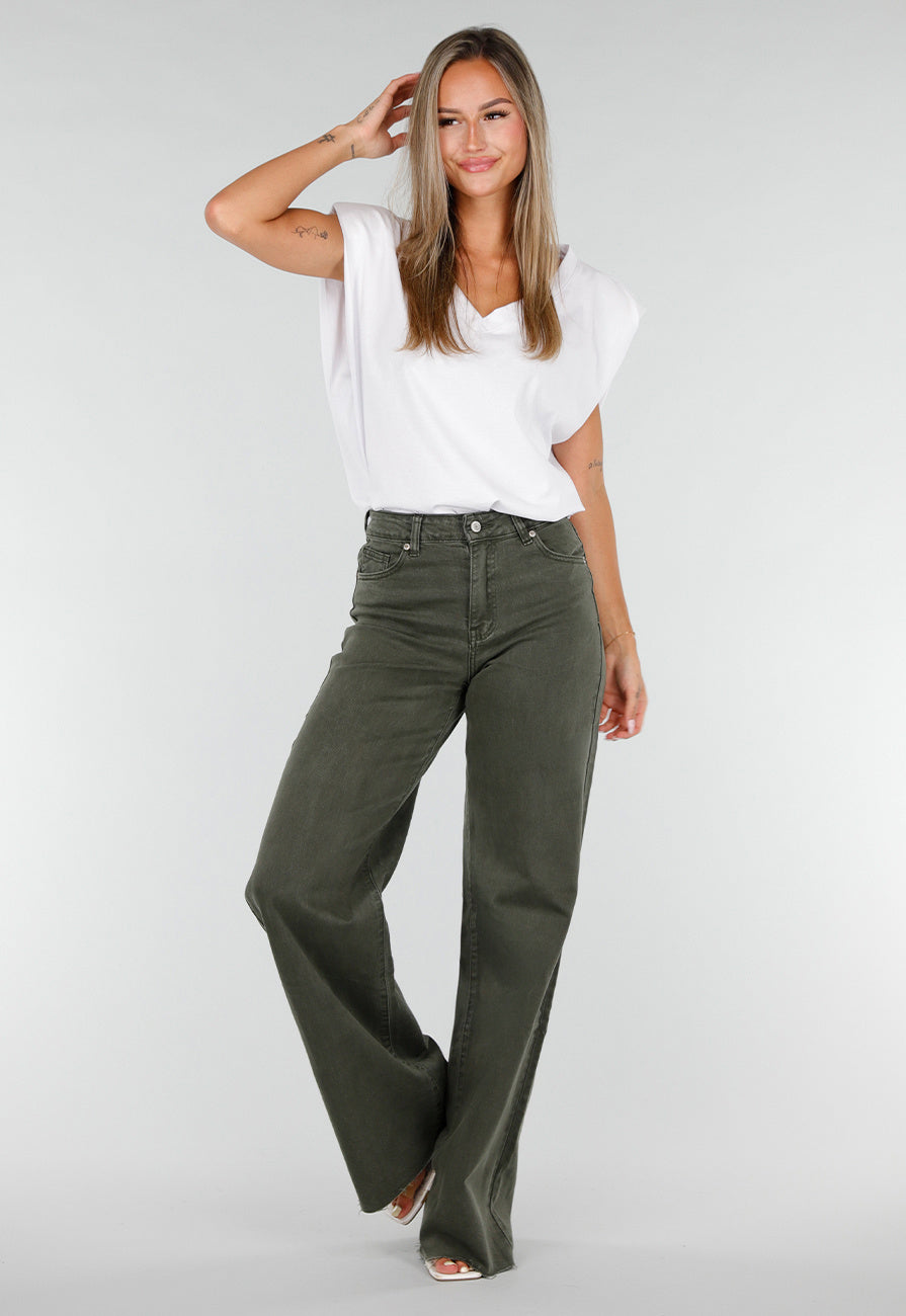 NEW020926 Donkergroene Denim Tall Jeans met Straight Leg, Hoge Taille en Lange Pijpen