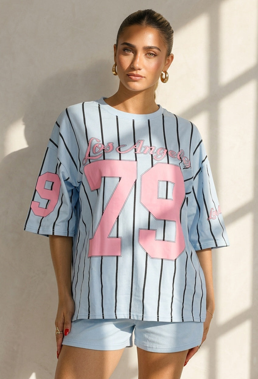 Oversized Lichtblauw Jersey Shirt met Roze Print en Strepen