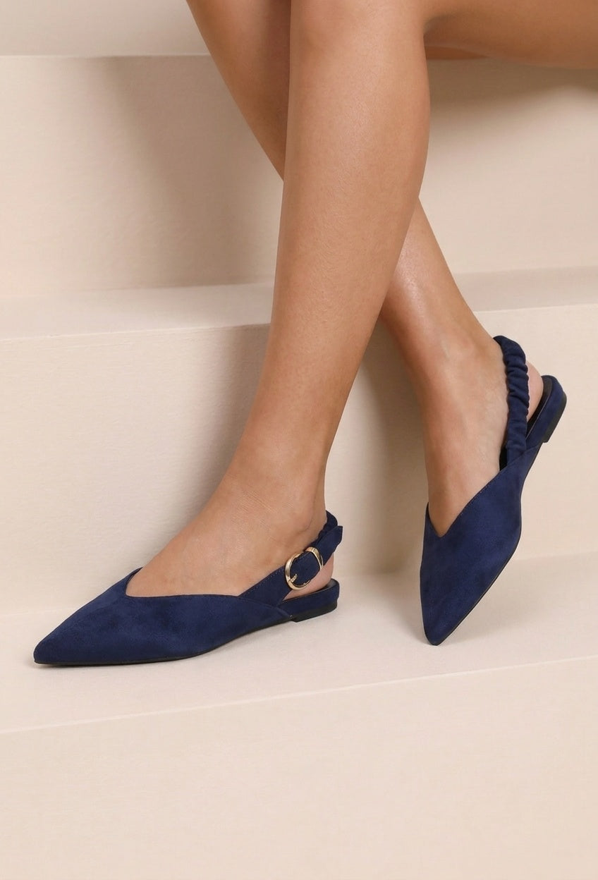 NEW190826 Blauwe Suèdelook Slingback Muiltjes met Puntneus en Gesp