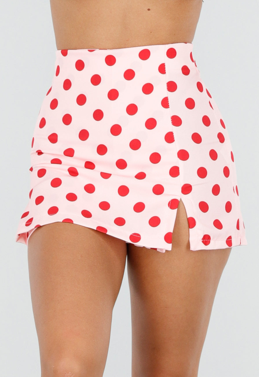 NEW220726 Roze Polkadot Skort met Split en Stretch