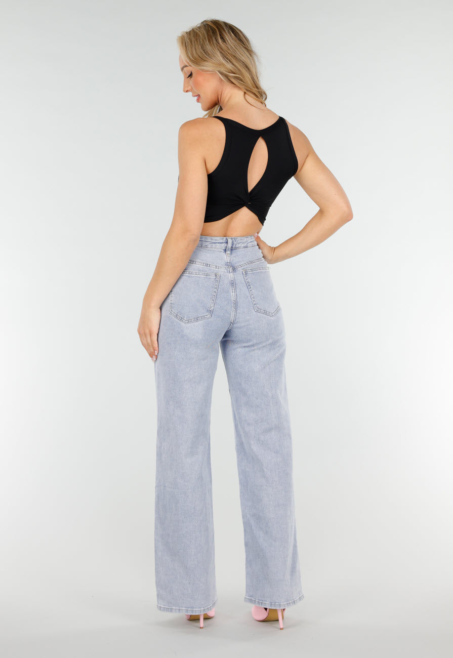 Zwarte Crop Top met Open Twist Rug en Brede Bandjes