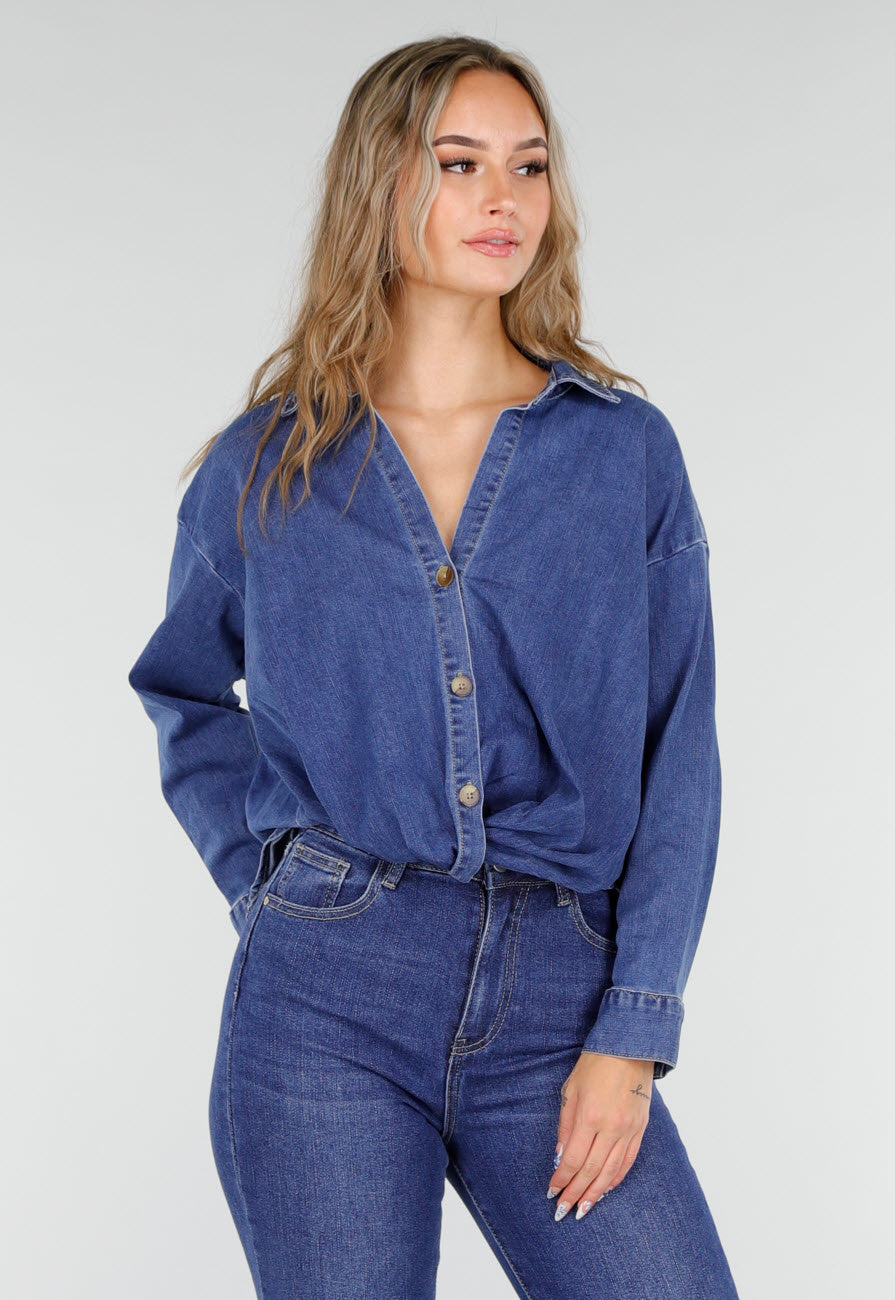 Blauwe Spijkerblouse met Knoopdetail