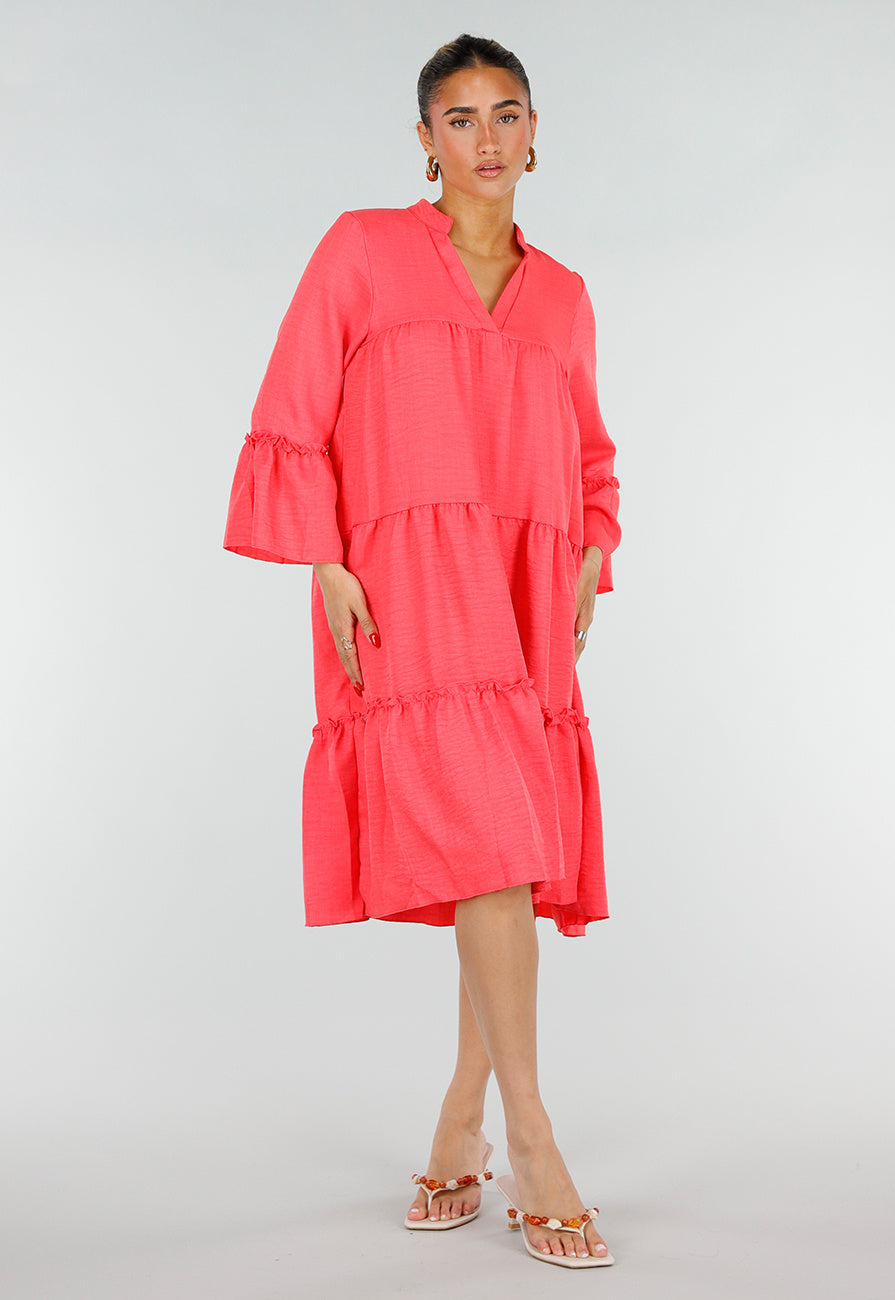 Roze Midi Jurk met V-hals en Ruffle Details