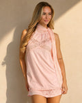 NEW150726 Roze Mouwloze Halter Top met Kant en Sjaaldetail