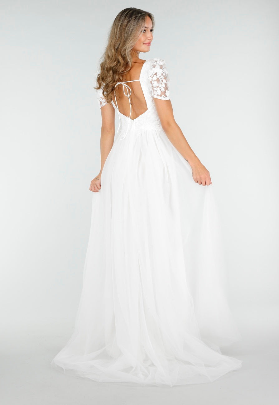 Witte Trouwjurk met Kanten Bloemen en Tule Rok