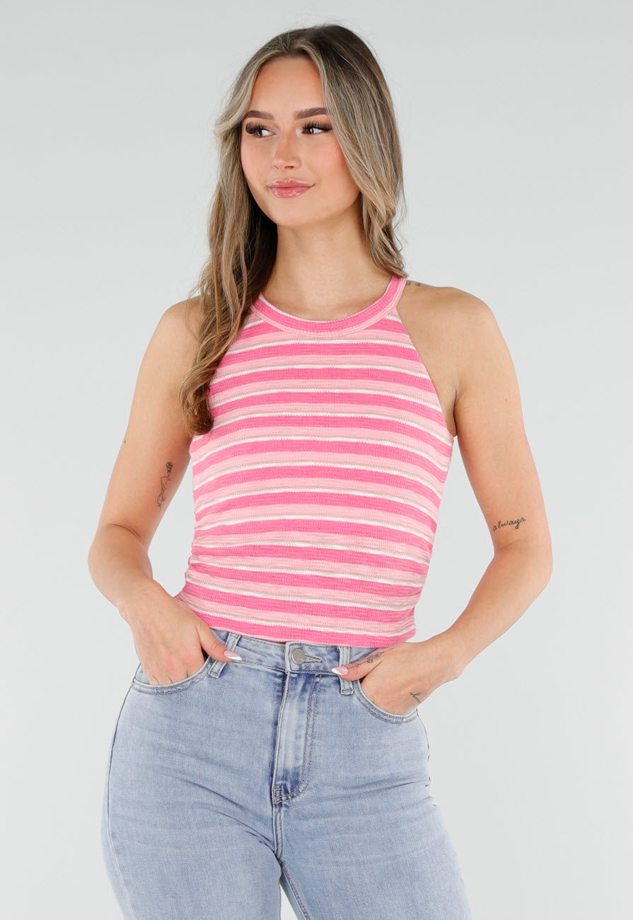 Roze Gestreepte Halter Crop Top met Pads