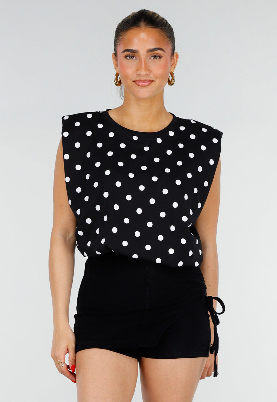 Zwarte Mouwloze Top met Witte Stippen en Schoudervulling