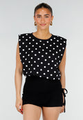 Zwarte Mouwloze Top met Witte Stippen en Schoudervulling
