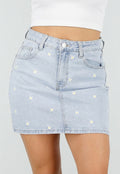 Lichtblauwe Denim Mini Rok met Geborduurde Bloemetjes