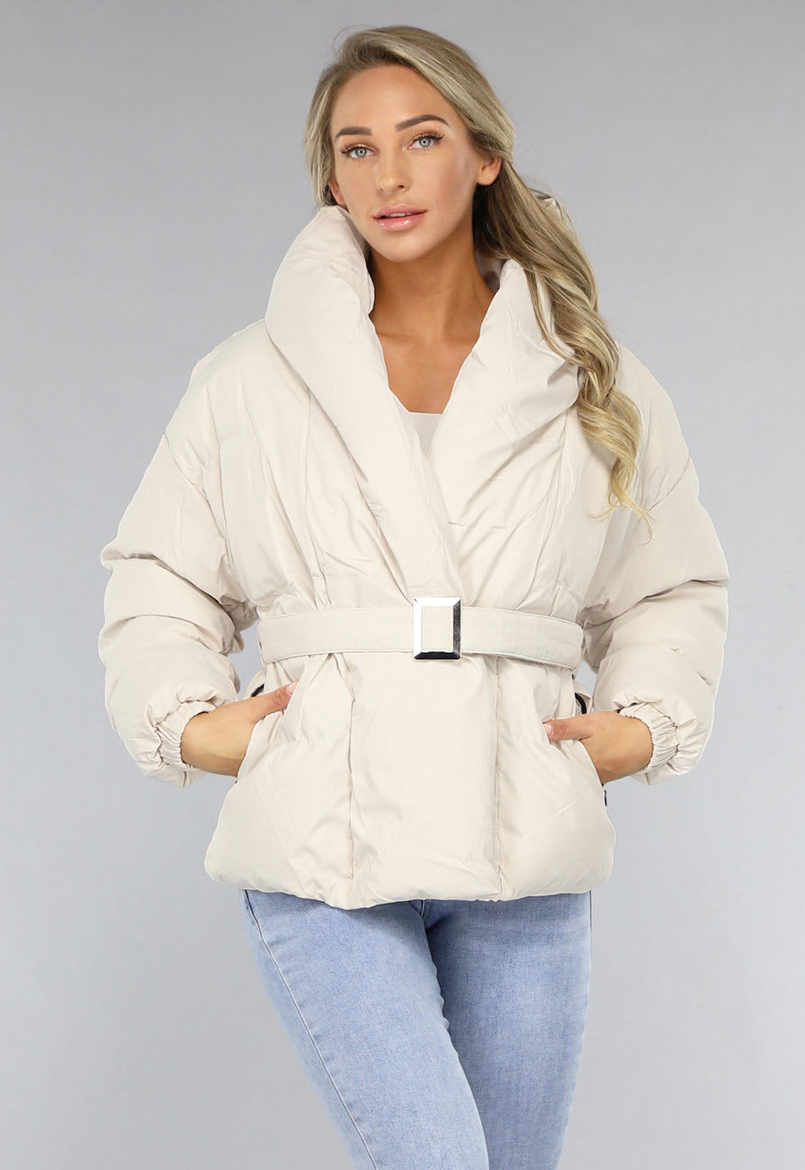 Beige Puffer Jas met Dikke Kraag