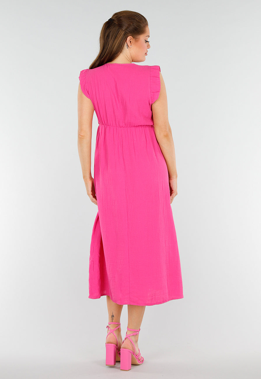 Fuchsia Linnenlook Midi Jurk met Ruches en V-Hals