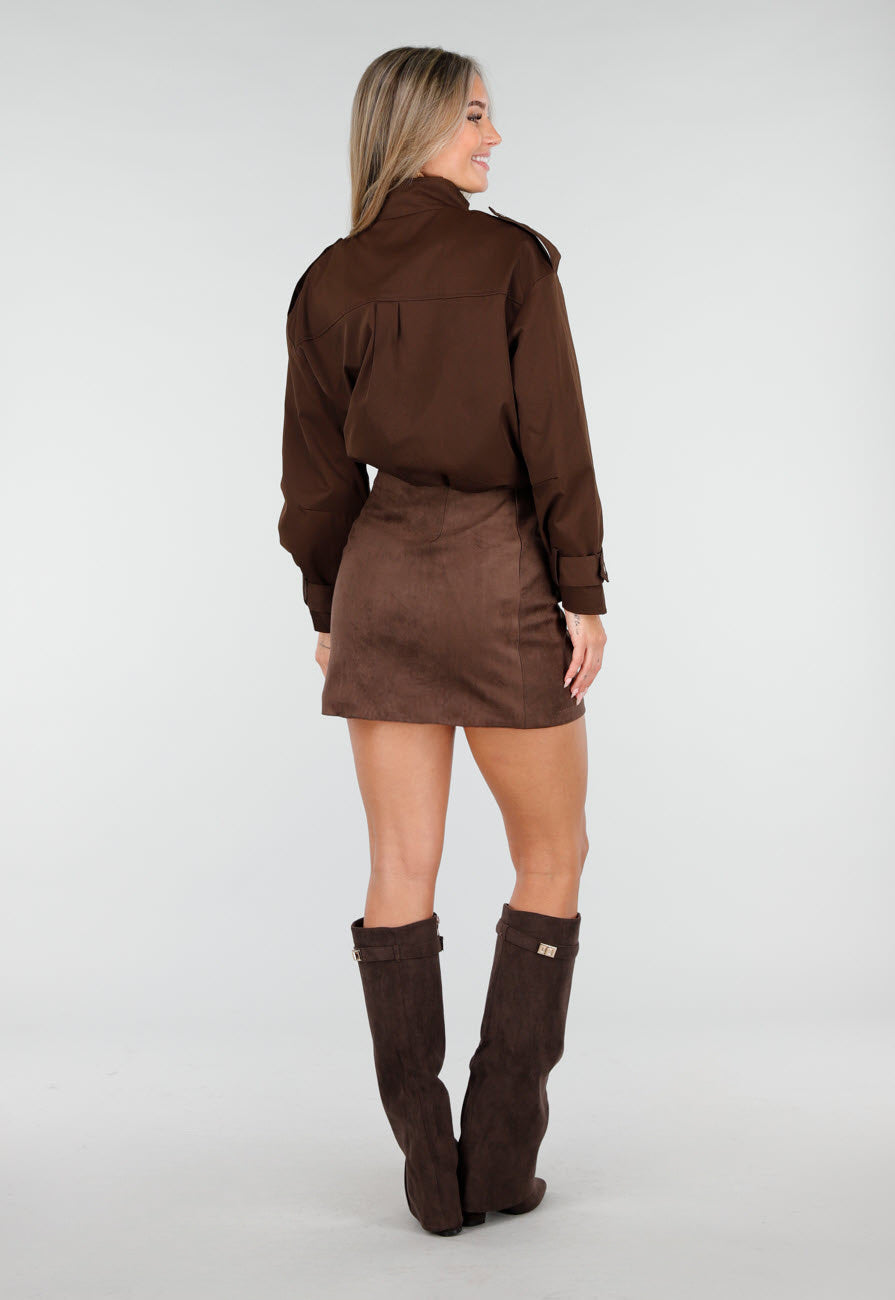 Cropped Bruine Jas met Rits en Grote Zakken
