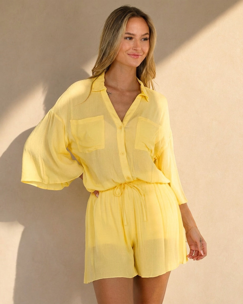 NEW150726 Butter Yellow Blouse met Short en Ondershort Set