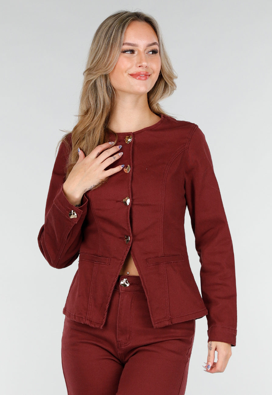 Bordeauxrode Denim Blazer met Peplum en Goudkleurige Knopen