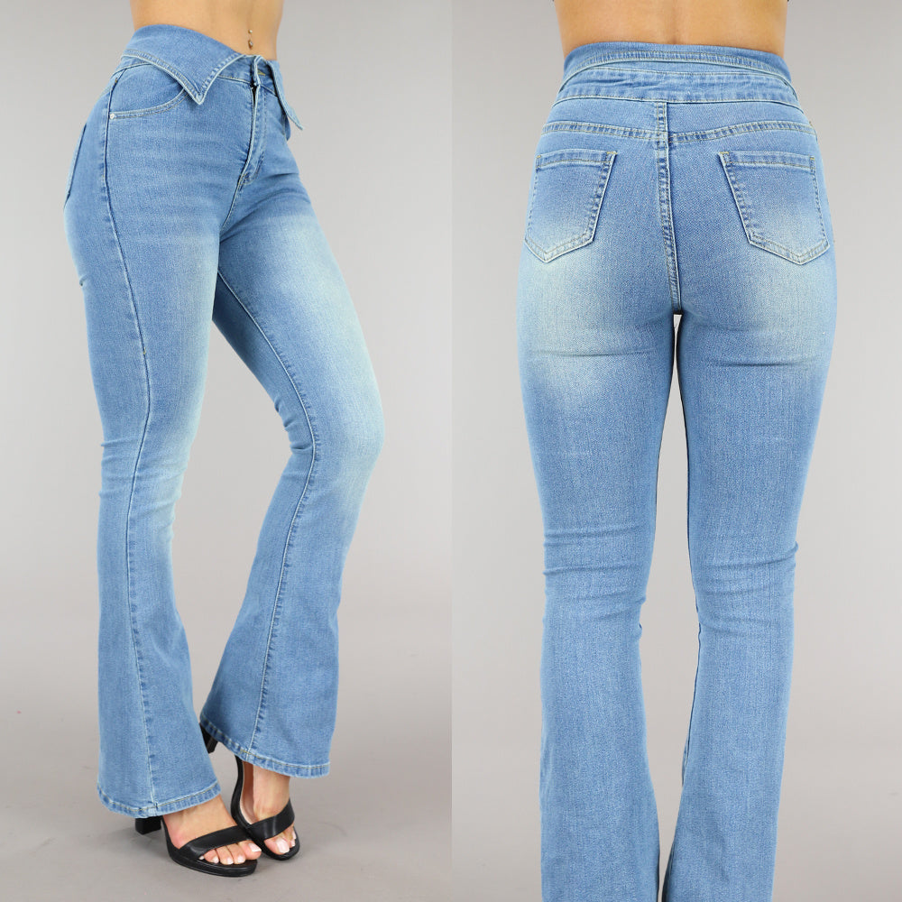 Blauwe Flared Jeans met Omgeslagen Taille