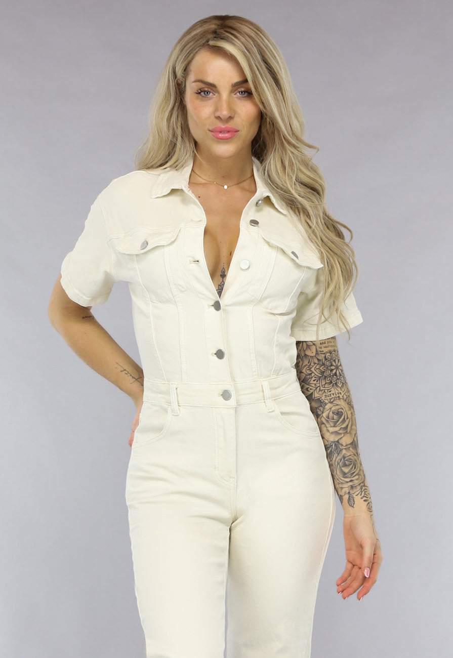 Redial Jeans Crème Kleurige Straight Leg Denim Jumpsuit met Korte Mouwen