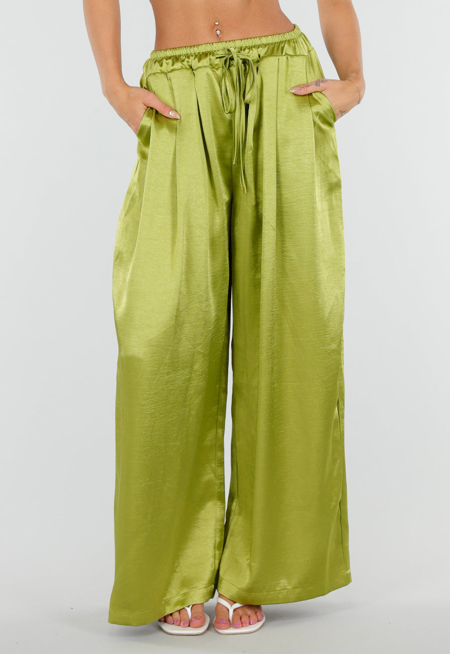NEW010726 Limoengroene Satijnen Wide Leg Broek met Elastische Taille