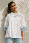 Wit Oversized T-Shirt met Blauw Kant