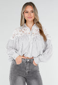 Grijs Wit Gestreepte Blouse met Kant en Lange Mouwen