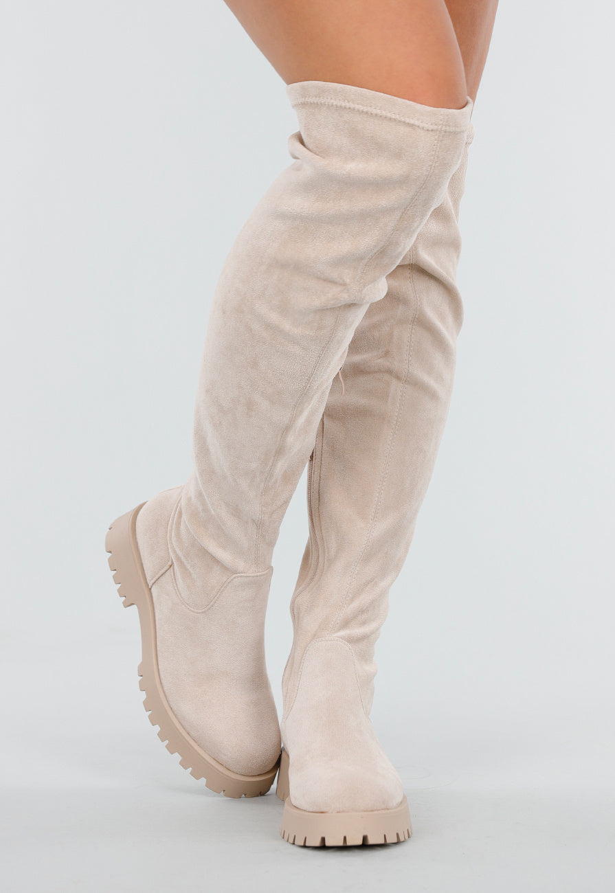 Beige Overknee Laarzen met Profielzool en Suèdelook