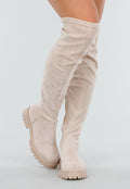 Beige Overknee Laarzen met Profielzool en Suèdelook
