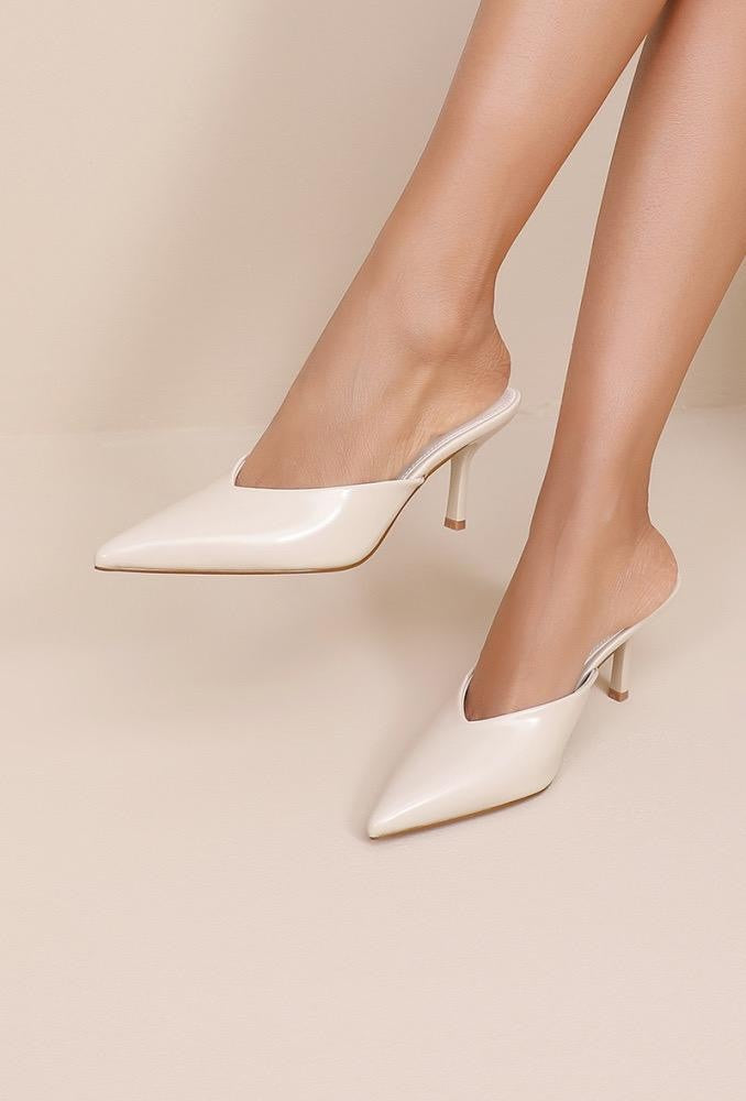 Beige Lederlook Muiltje Pumps met Puntneus en Lage Hak