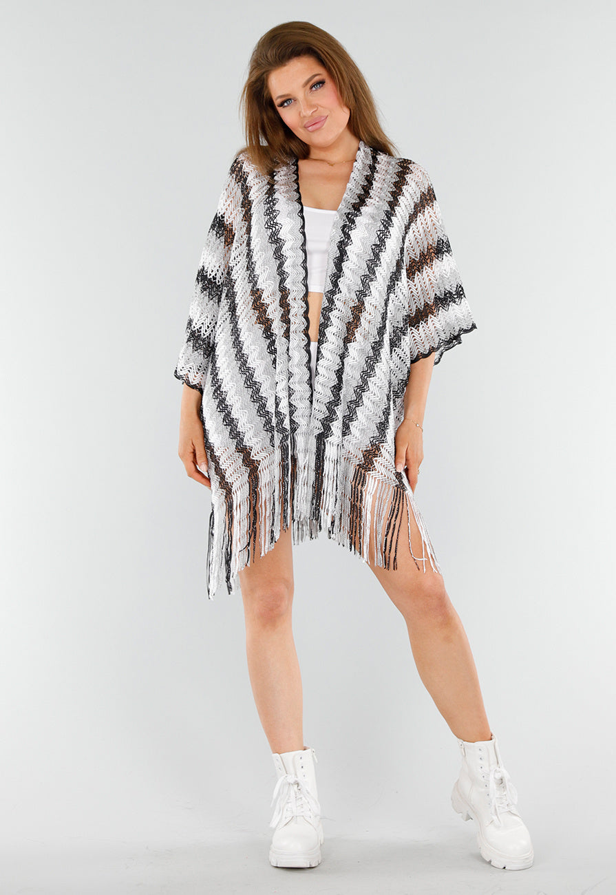 Wit-Zwarte Cover-Up met Zigzagpatroon en Franjes
