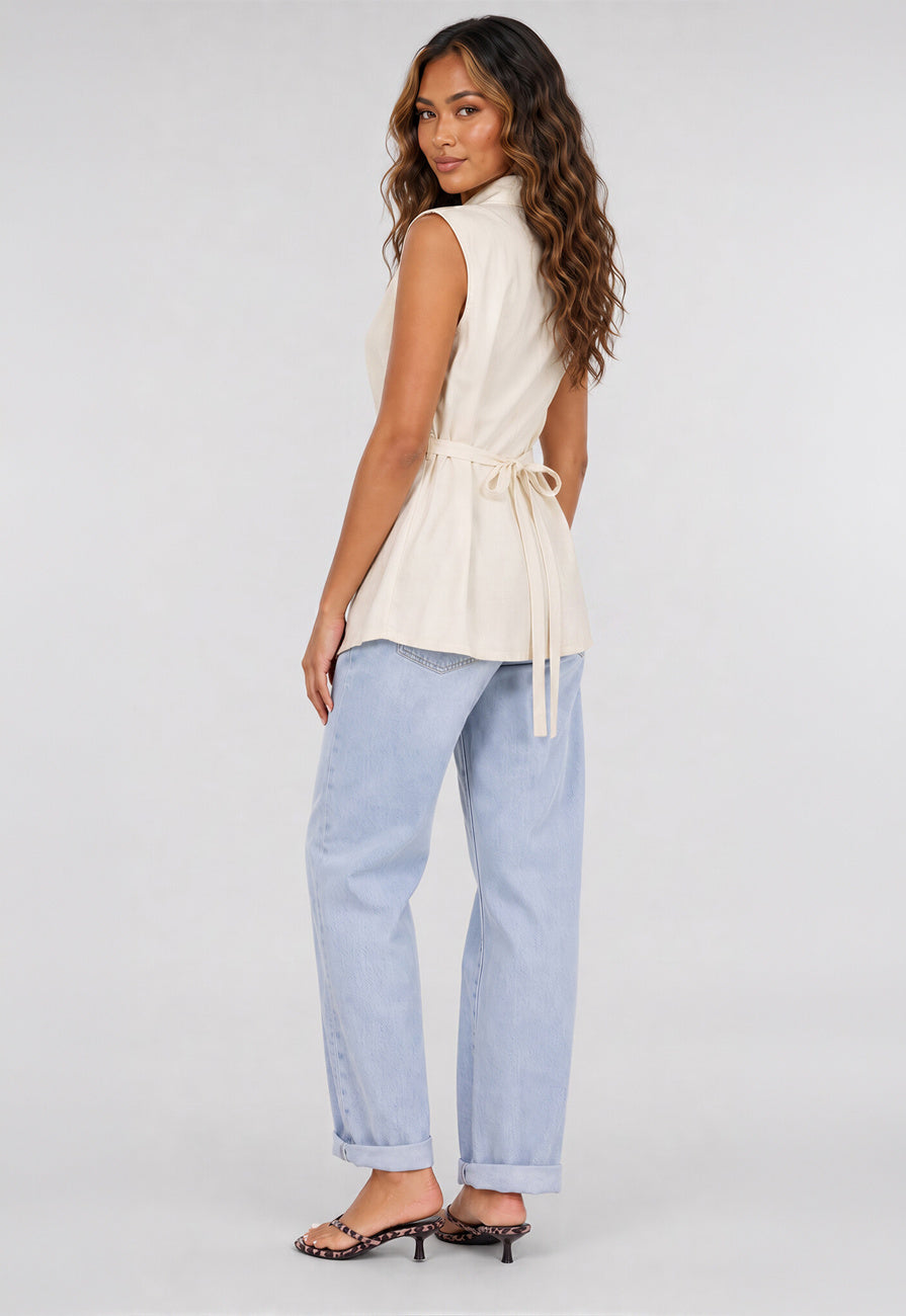 NEW260826 Lichtbeige Mouwloos Gilet met Revers en Tailleriem