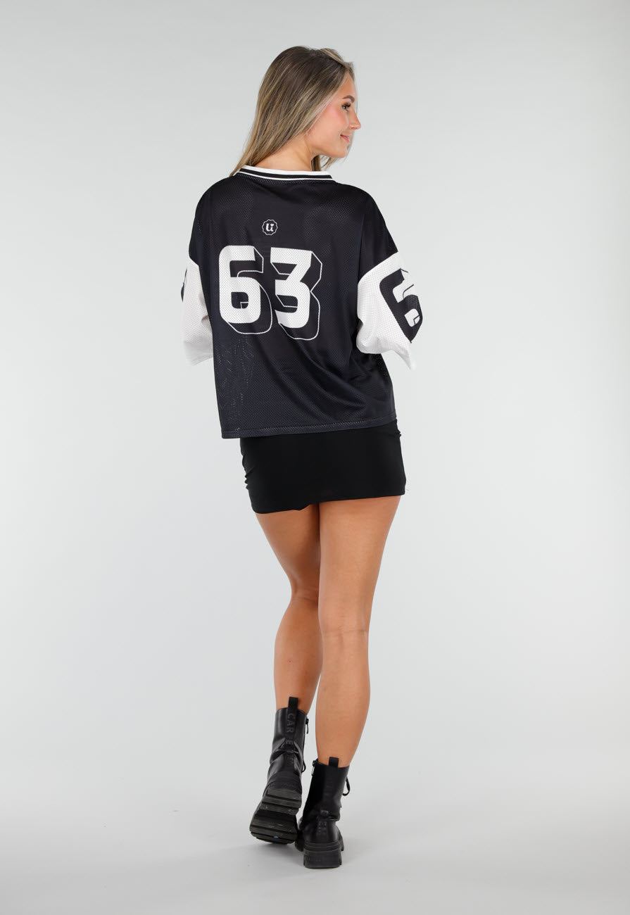 Zwarte Mesh Oversized Stretch Jersey T-Shirt met V-Hals