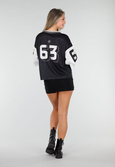 Zwarte Mesh Oversized Stretch Jersey T-Shirt met V-Hals
