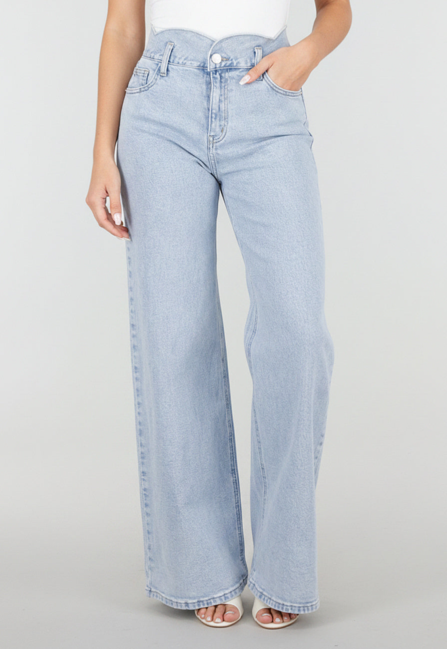 Lichtblauwe Denim Wide Leg Jeans met Hoge Taille