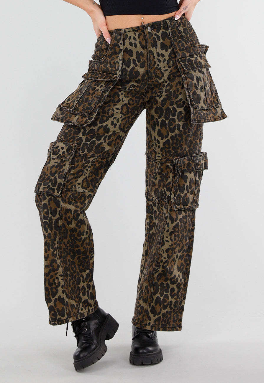 Leopard Print Denim Cargo Broek met Stretch en Zakken