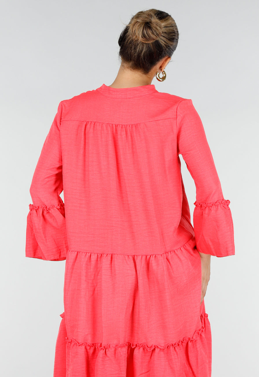 Roze Midi Jurk met V-hals en Ruffle Details