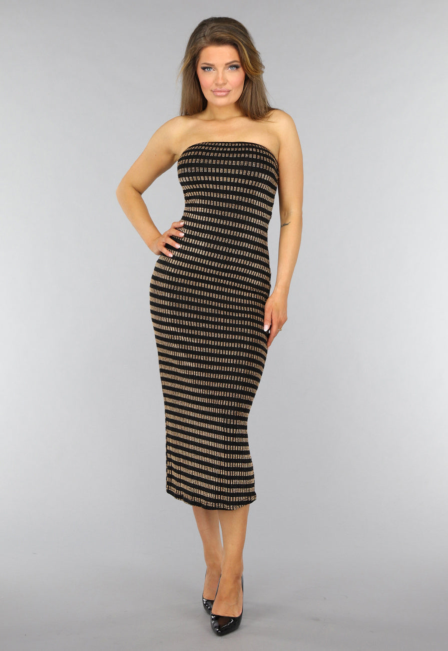 Gouden Gestreepte Strapless Midi Jurk