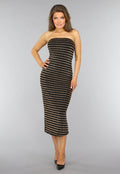 Gouden Gestreepte Strapless Midi Jurk